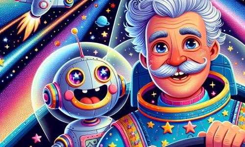 Monsieur Lune est un homme joyeux avec des cheveux argentés et une grande moustache, portant une combinaison spatiale colorée ornée d'étoiles. Il pilote son vaisseau, le "Voleur d'Étoiles", avec émerveillement. À ses côtés, un petit robot nommé Zippy, ressemblant à une boule de métal avec des yeux lumineux, flotte en émettant des bips joyeux et aide à contrôler le vaisseau. L'aventure se déroule dans un ciel étoilé rempli de planètes colorées et de nébuleuses éclatantes. Monsieur Lune répare le tableau de bord du vaisseau après un petit problème, tandis que Zippy l'encourage, créant une atmosphère de camaraderie et d'aventure.