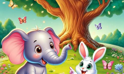 Un petit éléphant nommé Éli, avec de grandes oreilles roses et une trompe joyeuse, se tient au centre de la clairière, émerveillé et curieux. À ses côtés, un lapin blanc nommé Lulu, aux yeux pétillants, saute joyeusement en souriant à Éli et en pointant vers le grand chêne majestueux en arrière-plan. Le chêne, avec son tronc large et ses feuilles verdoyantes, se dresse fièrement, ses branches s'étendant comme des bras accueillants. La clairière est remplie de fleurs colorées et de papillons, tandis que la lumière du soleil filtre à travers les feuilles, créant une ambiance magique. Éli et Lulu écoutent attentivement l'histoire que raconte le chêne, captivés par la magie de la forêt.
