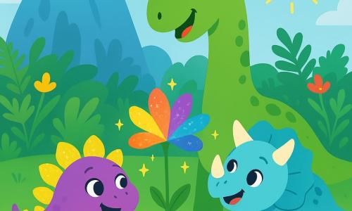 Un stégosaure nommé Lila, avec des plaques brillantes, se tient au centre de l'image, les yeux écarquillés de joie. À côté d'elle, un diplodocus nommé Milo, avec un long cou et une peau verte, sourit à une fleur magique. Un tricératops nommé Zoé, aux cornes douces et à la peau bleu clair, s'approche de la fleur, curieux. En arrière-plan, un grand rocher bleu est entouré de fougères et de fleurs colorées. La scène montre les quatre amis émerveillés devant une fleur magique aux pétales arc-en-ciel, créant une atmosphère de joie et d'amitié dans la forêt.