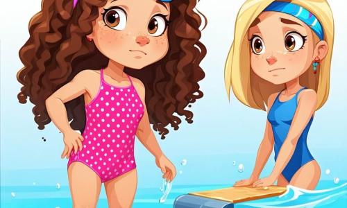 Deux personnages principaux : Clara, une fille de 7 ans aux cheveux bouclés et bruns, en maillot de bain rose à pois et lunettes de natation sur le front, hésite au bord d'un plongeoir. Inès, également âgée de 7 ans, avec des cheveux lisses et blonds, un serre-tête coloré et un maillot de bain bleu, se tient derrière elle, souriante et prête à sauter. La scène se déroule dans une grande piscine extérieure entourée de palmiers et de chaises longues colorées, avec une eau scintillante et des enfants s'amusant dans le petit bassin. Clara, nerveuse, s'apprête à glisser du plongeoir, tandis qu’Inès l'encourage. L'atmosphère est joyeuse et colorée, remplie de rires et de bulles d'eau.