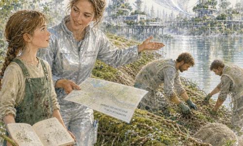 Lina, 10 ans, cheveux châtain clair en tresse, en salopette verte tachée, tient un carnet et un petit outil de jardinage; près d’elle sa mère technicienne d’environ 35 ans en combinaison argentée sourit et montre une carte en guidant; en arrière-plan deux ouvriers retirent des films plastiques et posent des racines tressées sur une digue végétale au bord d’un ancien réservoir couverte de mousses, petites racines et filets beiges, eaux miroitantes; derrière, la cité futuriste Aérovia sur pilotis avec tours-jardins en spirale et la grande voile métallique translucide du Grand Capteur suspendue entre trois tours dans une légère brume; l’équipe nettoie la digue pour libérer le passage de la brume vers le capteur, gestes coopératifs et précis, atmosphère d’espoir et de réparation, gouttelettes scintillant sur les feuilles et reflets argentés sur la voile.