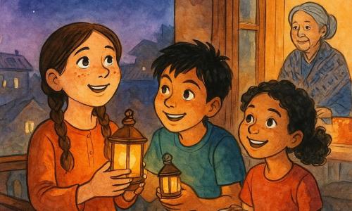 Trois enfants sur un balcon en bois sculpté au crépuscule — Lina (10 ans, cheveux bruns en tresses, visage rond et taches de rousseur) tient une petite lampe en métal illuminant son visage, Imran (≈9 ans, cheveux noirs en bataille) lui tend une seconde lampe, et Lila (≈9 ans, cheveux bouclés attachés) tient une assiette avec une datte; la grand-mère (≈70 ans, chignon, châle à motifs) apparaît à travers la porte-fenêtre près d'une table dressée; vues sur toits, petites lampes suspendues, lune fine en croissant et quelques étoiles, ambiance chaleureuse de soirée de Ramadan après le repas, lumière ambrée des lampes contrastant avec le ciel bleu-violet, rendu en traits d'encre et lavis de couleurs chaudes.