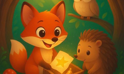 Milo, un petit renard roux au pelage brillant et aux yeux curieux, tient une boîte en écorce ouverte entre ses pattes et sourit, émerveillé : à l'intérieur, trois minuscules clochettes dorées tintent et une carte froissée décorée d'une étoile scintille à la lumière qui fait luire métaux et papier; à côté, un hérisson brun timide renifle la carte et, sur une branche basse, un petit hibou beige aux yeux ronds observe la scène dans le creux d'un tronc tapissé de mousse, feuilles humides, fougères et champignons rouges — un instant de découverte magique, doux et plein de curiosité.