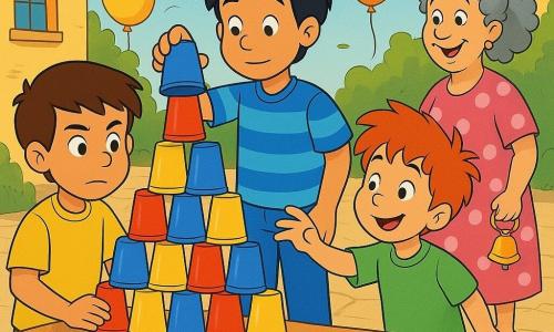 Quatre personnages : Léo, garçon d'environ 8 ans aux cheveux bruns courts et t-shirt jaune, tient la base gauche de la pyramide de gobelets ; Sami, garçon d'environ 8 ans aux cheveux noirs un peu longs et t-shirt bleu à rayures, ajuste un gobelet au sommet, debout derrière la table ; Nino, garçon d'environ 7 ans aux cheveux roux ébouriffés et t-shirt vert, souriant et un peu agité, tend la main vers la rangée du milieu à droite ; Madame Frisette, femme adulte aux cheveux gris frisottés en queue de cheval et robe à pois, tient une clochette et observe en souriant, debout en retrait à droite. Lieu : place de village ensoleillée au sol pavé, grande table en bois clair décorée de guirlandes colorées et de ballons ; sur la table un sablier et des gobelets en plastique rouges, bleus et jaunes empilés, quelques feuilles volent au sol. Situation : trois enfants construisent une pyramide de gobelets très haute, rangée par rangée, le sommet vacille sous une légère brise ; atmosphère joyeuse et concentrée, gestes lents et précis, tension douce avant le succès.