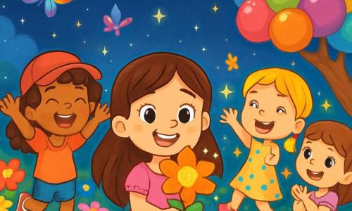 Quatre enfants se trouvent dans le Jardin des Étoiles : Lila, 5 ans, cheveux bruns, robe rose avec des fleurs, souriante et tenant une Fleur du Courage ; Zoé, également 5 ans, cheveux bouclés, casquette rouge, bras levés en joie ; Mila, 5 ans, cheveux blonds tressés, robe à pois, sautant avec des étoiles autour d'elle ; Emma, 5 ans, cheveux châtains, assise sur un arbre en bonbon, applaudissant ses amies. Le jardin est magique, rempli de fleurs brillantes et d'arbres en bonbons, avec des papillons colorés. Lila et ses amies découvrent la Fleur du Courage, pleines d'excitation et prêtes à relever des défis, illuminées par des étoiles scintillantes.
