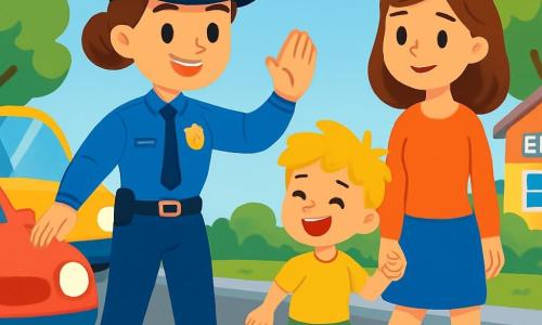 Une policière souriante, Lila, est une femme d’une trentaine d’années avec des cheveux bruns en chignon. Elle porte un uniforme bleu vif, un chapeau de policier et un badge sur sa poitrine. Elle aide des enfants à traverser la rue en toute sécurité. À côté d'elle, Lucas, un garçon de 7 ans avec des cheveux blonds, tient la main de sa maman, une femme souriante qui regarde Lila avec gratitude. Ils se tiennent près du passage piéton, entourés de voitures arrêtées, dans une rue animée avec des arbres et une école colorée en arrière-plan. Lila lève la main pour arrêter les voitures pendant que les enfants traversent en riant et en souriant.