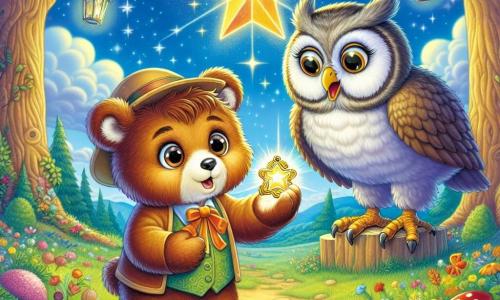 Un petit ours nommé Oscar, avec un pelage brun et un chapeau en paille, se tient au centre de la clairière de l’étoile, émerveillé par un pendentif en forme d’étoile qu'il tient dans sa patte. À ses côtés, Mademoiselle Hibou, une chouette sage avec des lunettes et un plumage gris, flotte dans les airs, prête à le guider. La clairière est illuminée par une étoile scintillante, entourée de fleurs colorées et d'arbres aux feuilles dorées, sous un ciel bleu parsemé de nuages. Oscar, excité, se prépare à activer son pendentif pour voyager dans le temps, tandis que Mademoiselle Hibou lui explique son aventure à venir.