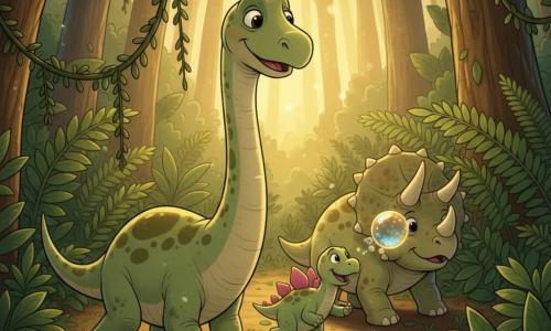 Un jeune diplodocus au long cou et aux yeux ronds avance lentement, peau vert pâle tachetée d'olive, queue fine balayant le sol, levant la tête pour soulever des lianes de façon protectrice; à ses côtés Piki, petit stégosaure trapu aux plaques roses, saute joyeusement, et Taro, triceratops massif à la collerette crème tachetée et cornes courtes, pousse un rideau de fougères derrière eux; une petite lumière chantante dorée et bleutée flotte devant eux, guidant leur pas à travers une jungle dense de fougères, grandes feuilles et lianes, avec des rayons de soleil perçant la canopée; le sol est mou, brun, parsemé de feuilles et de petites fleurs, et au loin on devine une clairière baignée de lumière; ambiance chaleureuse et rassurante alors que les trois traversent la jungle ensemble.