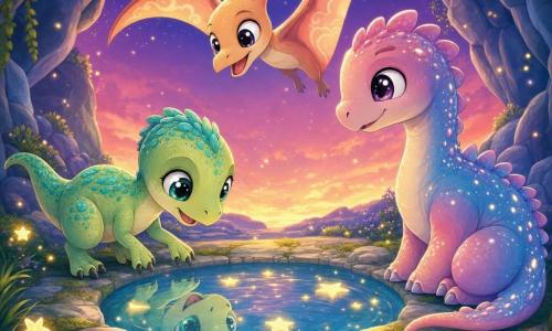 Pti-Griffe, un petit vélociraptor vert clair tacheté de turquoise aux grands yeux brillants et petites griffes arrondies, penché sur un bassin rond pour regarder son reflet ; Zéphyr, un ptérosaure juvénile aux ailes pêche à motifs de nuages, vole en cercle au-dessus du bassin en jouant ; Lueur-d’Écaille, un dinosaure sage aux dégradés rose-bleu et petites lueurs scintillantes sur le dos, veille près du bord en souriant ; le tout dans une grotte ouverte au crépuscule avec rochers gris-bleu, herbe ondulante, dalles moussues et eau cristalline reflétant des étoiles dorées, ambiance magique, douce et chibi kawaii, composition centrée sur les trois autour du bassin.