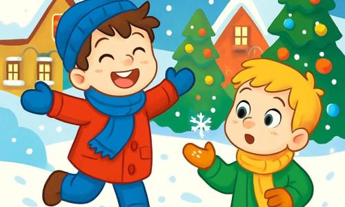 Deux garçons de 7 ans, Théo et Max, jouent dans un village enneigé. Théo, avec des cheveux bruns en bataille, porte un manteau rouge, une écharpe bleue et un bonnet assorti. Il saute dans la neige, souriant. Max, aux cheveux blonds et taches de rousseur, est à ses côtés, vêtu d'un manteau vert et d'une écharpe jaune, essayant d'attraper un flocon de neige. Le village est décoré de maisons aux toits enneigés, de guirlandes lumineuses et de sapins ornés. Le ciel bleu est rempli de flocons tombant doucement, créant une ambiance magique. Les deux garçons rient et s'amusent, découvrant la beauté de l'hiver.