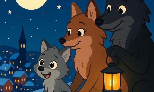 Petit Loup, un jeune loup aux poils doux et gris, est assis sur une couverture en laine rouge au sommet d'une colline enneigée. Il admire le village illuminé au loin, ses oreilles dressées et son cœur joyeux. À ses côtés, Maman Loup, au pelage brun, l’enveloppe de son bras protecteur avec un sourire serein. Un peu plus loin, Papa Loup, robuste et au pelage noir, tient une lanterne qui éclaire leur visage, affichant fierté et bonheur. La colline est recouverte de neige scintillante sous un ciel étoilé, tandis que le village est décoré de lumières colorées. Petit Loup et sa famille écoutent la douce mélodie de la cloche de l'église, créant une atmosphère magique et paisible.