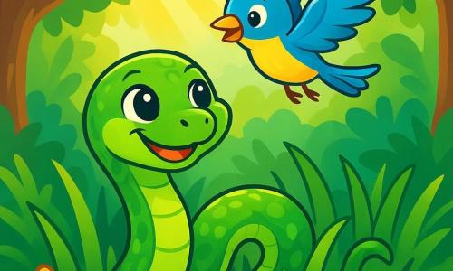 Un petit serpent aux écailles vertes et aux yeux curieux se faufile entre les herbes, affichant une expression joyeuse. Près de lui, un oiseau aux plumes bleues et jaunes vole gracieusement, observant le serpent avec amitié. La scène se déroule dans une forêt luxuriante, où le soleil filtre à travers les feuilles, créant des ombres sur le sol fleuri. Le serpent, en quête d’amis, s'apprête à aider des animaux à traverser un ruisseau, montrant ainsi sa bravoure et sa gentillesse.