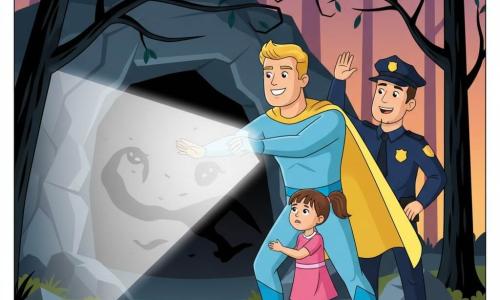 Un homme grand, Flavio le Lumineux, cheveux courts dorés, costume bleu clair et cape jaune, projette un large rayon blanc-argenté vers l’entrée d’une grotte sombre où se tiennent des ombres fluides ; juste devant la grotte il tient doucement Ellie, une fillette de 7 ans aux couettes brunes et robe rose, soulagée mais tremblante, tandis que Max, policier d’environ 35 ans en uniforme bleu marine et chapeau, se tient derrière à droite, visage soulagé et main levée pour saluer la foule ; la scène se déroule dans une forêt tordue d’arbres noirs aux branches fines, sol de pierres grises et mousses vertes, ciel crépusculaire violet-orange, palette vive (jaune, bleu, rose, vert) contrastant avec noirs et gris profonds, composition centrée sur l’action, style enfantin aux formes simples, contours nets et ombres douces évoquant sécurité et chaleur.