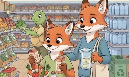 Malo, jeune renard anthropomorphe à la fourrure rousse, yeux curieux et expression déterminée, tient un filet avec des légumes et compare une brique de jus à une petite bouteille en plastique ; sa mère Lila, renarde adulte souriante, pose la main sur son épaule en tenant une carafe d'eau citronnée et un sac réutilisable ; une tortue employée, ronde et sage, range des salades en vrac en souriant et indique un rayon « vrac » en arrière‑plan ; le rayon de supermarché est lumineux et coloré, avec panneaux « vrac » et « local », étagères ordonnées, concombres emballés en plastique contrastant avec cagettes de légumes nus, poubelle de tri et étiquettes lisibles ; la scène montre Malo hésitant entre emballages superflus et options moins plastiques, gestes concrets de comparaison, composition centrée sur les personnages et les emballages contrastés.