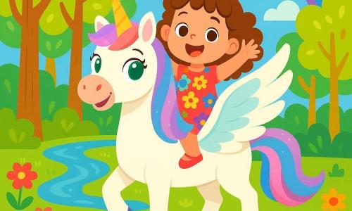 Une licorne blanche majestueuse aux crins scintillants et à la corne dorée se tient au centre de la scène, ses grands yeux émeraude brillants d'émerveillement. Elle déploie ses ailes iridescentes avec une expression joyeuse. À côté, une petite fille de 4 ans, Léa, aux cheveux châtains bouclés et aux yeux pétillants, sourit avec enthousiasme, assise sur le dos de la licorne, les bras levés. La scène se déroule dans une forêt enchantée avec des arbres aux troncs dorés et un ruisseau étincelant. Léa et Luna, la licorne, s'apprêtent à s'envoler vers un arc-en-ciel éclatant, remplissant l'atmosphère de joie et d'excitation pour une aventure extraordinaire.