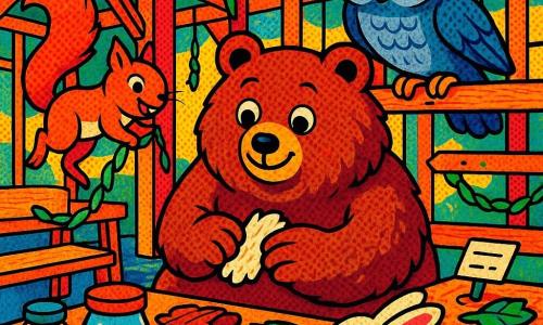 Malo, grand ours brun rond et pelucheux au regard émerveillé, tient une petite écorce blanche ; derrière lui, une chouette grise aux yeux sages est perchée sur une poutre et pointe du bec une étiquette sur la table ; à gauche, un écureuil roux vif enroule une guirlande verte, queue dressée, tandis que deux lapins blancs flairent un bocal ouvert au sol ; le tout se déroule dans un gymnase en bois transformé en clairière intérieure (poutres apparentes, grandes fenêtres, guirlandes), table couverte de bocaux, écorces, feuilles et étiquettes manuscrites, ambiance chaleureuse et collaborative de fête de printemps, couleurs saturées, contours nets et éléments graphiques pop.