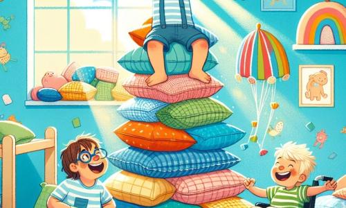Trois amis, Léo, 8 ans, aux cheveux bouclés et sourire éclatant, est en haut d'une tour de coussins, les bras levés. Tim, 7 ans, blond et en lunettes, saute joyeusement sur un coussin en dessous, riant. Nino, 8 ans en fauteuil roulant, sourit à côté de la tour, tenant un coussin en forme de parachute. La pièce colorée, remplie de coussins variés, a des murs bleu ciel et des dessins d'animaux. La scène montre Léo, Tim et Nino construisant leur tour de coussins, entourés de coussins volants et de rires, illustrant leur amitié et le plaisir de jouer ensemble.
