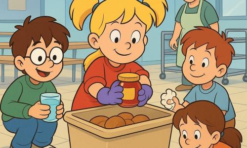 Lila, 6 ans, visage rond et couettes blondes, sourit soulagée en tenant un pot de compote collant qu'elle sort d'un bac à pain ; à sa gauche, Noé, 6 ans, cheveux bruns et lunettes, éclaire la scène avec un verre d'eau comme une lampe ; Inès, 6 ans, queue de cheval, tient une lingette pour essuyer une trace de compote au sol pendant que Tom, 5–6 ans, roux et un peu honteux, se tient près du robinet les mains savonneuses ; la dame de la cantine, cheveux gris et tablier vert, veille en arrière-plan dans une cantine lumineuse aux grandes tables en bois clair, chariot à plateaux et sol carrelé, atmosphère chaleureuse, couleurs pastel et lumière douce de fin de matinée.