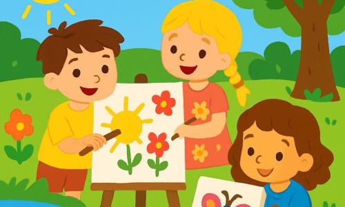 Trois enfants sont dans le jardin de Mamie : Tom, un garçon de 6 ans aux cheveux bruns en bataille et t-shirt jaune, peint un grand soleil ; Léa, une fille de 5 ans avec des cheveux blonds tressés et une robe rose à fleurs, peint des fleurs colorées à ses côtés ; Mia, une fille de 4 ans avec des cheveux châtains bouclés et un t-shirt bleu, est assise sur l'herbe en peignant un papillon. Le jardin est lumineux et joyeux, rempli de fleurs, d'arbres et d'un petit étang, sous un ciel bleu dégagé. Les enfants rient et s'amusent en peignant ensemble.