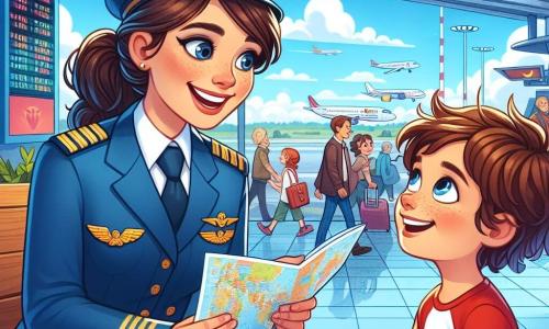 Camille, une pilote femme, est souriante et enthousiaste dans son uniforme bleu. Elle tient une carte aérienne et explique avec passion à Lucas, un garçon de 10 ans assis à côté d'elle, qui rêve de devenir pilote. La scène se déroule dans un aéroport animé, avec des avions et des voyageurs en arrière-plan sous un ciel bleu. Camille partage des histoires de ses vols, tandis que Lucas lui pose des questions, créant une ambiance chaleureuse et inspirante.