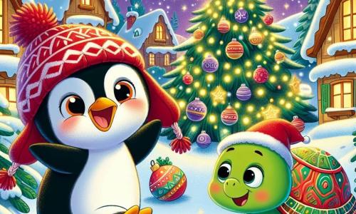 Un petit pingouin nommé Pipo, avec un plumage noir et blanc éclatant et un chapeau en laine rouge, danse joyeusement dans la neige. À ses côtés, une tortue nommée Gracieuse prépare des biscuits au pain d'épices, souriante. En arrière-plan, un sapin de Noël scintille, décoré de guirlandes et de boules colorées, tandis que des flocons de neige tombent doucement sur le village de Floconville. La scène illustre un moment joyeux entre Pipo et Gracieuse, évoquant l'esprit de Noël et l'amitié.