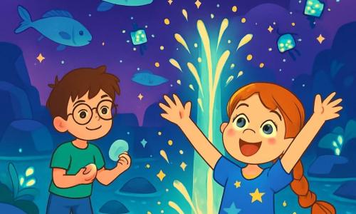 Il y a deux personnages principaux : Maia, une fille de 10 ans avec une tresse rousse, des yeux curieux et une robe bleue ornée d’étoiles, qui se tient au centre, émerveillée, et Milo, un garçon de 10 ans avec des lunettes rondes et des cheveux châtains, légèrement en retrait à gauche, tenant un galet argenté. L'histoire se déroule dans un lagon aux eaux phosphorescentes, entouré de rochers flottants et de plantes luminescentes, sous un ciel violet parsemé d'étoiles. Maia et Milo découvrent la Source des Rêves Numériques, une fontaine magique débordant d'énergie scintillante, émerveillés par une pluie d'étincelles et de couleurs vibrantes.