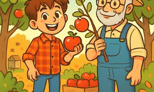 Léo, un jeune agriculteur de 12 ans avec des cheveux châtains en bataille, sourit au milieu d'un verger de pommiers. Il porte une chemise à carreaux rouge, un pantalon en toile et des bottes boueuses, tenant une pomme brillante avec fierté et excitation. À ses côtés, Monsieur Vidal, un homme de 60 ans avec une barbe grise et des lunettes rondes, en salopette et chapeau de paille, l'observe avec bienveillance, prêt à donner des conseils. Le verger est illuminé par le soleil d'automne, avec des pommiers chargés de fruits et un sol parsemé de feuilles dorées. L'atmosphère est joyeuse et animée, remplie de rires et de promesses de récolte.
