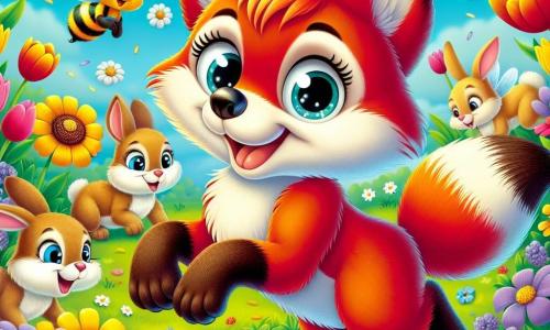 Un jeune renard nommé Rouxy, avec un pelage roux éclatant et des yeux curieux, saute joyeusement dans un champ de fleurs colorées, souriant. À ses côtés, une abeille souriante vole autour des fleurs, butinant le nectar. En arrière-plan, des lapins aux grandes oreilles s’amusent à jouer à cache-cache parmi les tulipes et les marguerites. Le champ est vibrant de couleurs, rempli de fleurs sous un ciel bleu clair, où le soleil brille et une légère brise fait danser les pétales. Rouxy et ses amis célèbrent le printemps, entourés de rires et de joie, découvrant les merveilles de la nature.