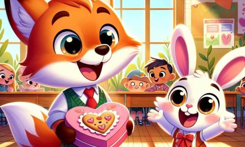 Renard, un petit renard orange avec un pelage doux et des yeux pétillants, se tient au centre, tenant une boîte de biscuits en forme de cœur et une carte colorée, souriant. À côté, Lapin, un adorable lapin blanc aux grandes oreilles, saute de joie, émerveillé par la surprise de son ami. En arrière-plan, une salle de classe chaleureuse est décorée de cœurs en papier et de guirlandes colorées, baignée de lumière. Renard offre sa surprise à Lapin, entouré de camarades de classe admiratifs, créant une ambiance joyeuse pour célébrer la Saint-Valentin.