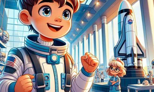Maxime, un garçon de 10 ans aux cheveux bruns en bataille et aux yeux curieux, porte une combinaison d'astronaute blanche et bleue. Il sourit, les bras levés, prêt à s'envoler vers les étoiles. À ses côtés, Lina, une fille de 9 ans avec des cheveux blonds et des lunettes rondes, l'observe avec admiration, prête à poser des questions sur l'espace. La scène se déroule dans un centre d'entraînement futuriste aux murs argentés, décoré de maquettes de fusées et de posters de planètes, avec un télescope géant dans un coin. Maxime et Lina se tiennent devant un simulateur de vol, où Maxime s'apprête à commencer son entraînement d'astronaute, rêvant de voyages interstellaires et de découvertes.