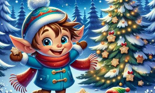 Un petit garçon de 5 ans, Lucas, avec des cheveux châtains en bataille et des yeux pétillants, porte un manteau bleu vif, une écharpe rouge et des gants. Il saute dans la neige, souriant, avec un biscuit décoré dans sa main. À ses côtés, Pipo, un elfe des neiges aux oreilles pointues et au chapeau vert, danse joyeusement autour de lui. La scène se déroule dans une forêt enchantée, avec de grands arbres recouverts de neige scintillante. Des flocons tombent doucement, et un sapin décoré de biscuits brille au centre de la clairière. Lucas et Pipo décorent le sapin ensemble, remplis de joie, tandis que la magie de Noël illumine la nuit.
