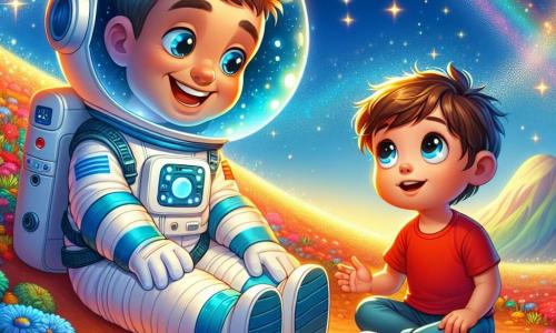 Un astronaute nommé Lucas flotte joyeusement dans l'air, vêtu d'une combinaison spatiale blanche avec des touches de bleu. Son casque brillant reflète les couleurs vives de la planète. Il a des yeux curieux et un grand sourire, touchant le sol coloré. À côté de lui, un garçon de 8 ans, Tom, avec des cheveux bruns en bataille et des yeux émerveillés, l'admire. Il porte un t-shirt rouge et un short, assis sur une pierre douce, écoutant attentivement Lucas. Ils se trouvent sur une planète fantastique, avec un sol de fleurs éclatantes, des collines douces et un ciel bleu parsemé d'étoiles. Lucas partage ses aventures d'astronaute avec Tom, qui rêve de voyager dans l'espace, entourés par la beauté de cette nouvelle planète.
