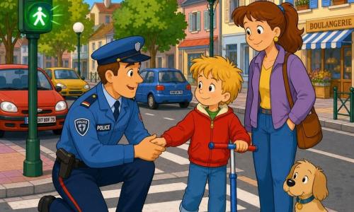 Un policier souriant dans la trentaine, cheveux bruns courts, casquette et manteau bleu clair, s'agenouille et tient la main d'un garçon d'environ 6 ans, cheveux blonds en bataille, veste rouge et trottinette bleue; le garçon regarde à gauche et à droite, rassuré. Une femme la trentaine, cheveux châtain attachés et tenue décontractée, se tient en retrait près d'un petit chien beige timide à poil court, assis, et sourit soulagée. Scène sur un passage piéton blanc, trottoirs colorés, maisons pastel à volets, arbres et lampadaires ronds, voitures garées en retrait et feu piéton vert clignotant; ciel bleu et soleil doux. Ambiance calme, couleurs chaudes, style dessin animé années 90 aux traits arrondis, composition centrée sur la main tenue, plan moyen en légère plongée.