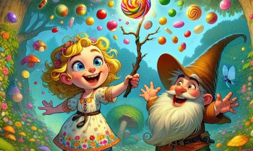 Une petite fille de 11 ans, Lucie, se tient au centre de l'image, avec des cheveux bouclés dorés et des yeux curieux. Elle porte une robe colorée à motifs floraux et sourit, agitant une baguette en forme de brindille. À ses côtés, un gnome nommé Grom, âgé d'environ 10 ans, avec une grande barbe et un chapeau trop grand, rit en tenant un chapeau magique. Le décor est une clairière enchantée, entourée d'arbres épais et de fleurs multicolores. Lucie et Grom tentent un sort pour faire apparaître des bonbons, tandis qu'un bonbon en forme de cœur tombe sur Grom, provoquant des rires.
