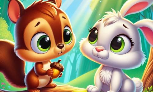 Timmy le petit écureuil, au pelage brun et aux grands yeux pétillants, se tient sur une branche, inquiet et triste, tenant une noisette dorée entre ses petites pattes. Lila la lapine, au pelage blanc et aux grandes oreilles dressées, se trouve juste en dessous, le regardant avec curiosité et empathie. La scène se déroule dans une forêt verdoyante, avec des arbres majestueux, des fleurs colorées et un doux rayon de soleil. Timmy, cachant sa tristesse, se demande s'il doit avouer qu'il a perdu la noisette, tandis que Lila l'encourage à parler de ses préoccupations.