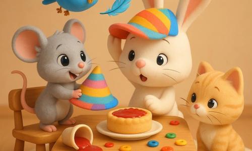 Mimi, petite souris grise aux grands yeux, tient un chapeau coloré sur une chaise basse. Lapinou, lapin blanc aux longues oreilles et nez rose, porte le chapeau de travers, surpris et ravi, assis devant une assiette de gâteau. Zoé, oiseau au plumage bleu et bec jaune, vole au-dessus de la table et laisse tomber une plume brillante sur le chapeau. Poilu, chaton crème tigré, observe curieux des boutons roulants au bord du tapis. La table en bois porte un gâteau à la confiture rouge, un bol de confiture renversé et des boutons multicolores qui roulent. Ambiance chaleureuse et joyeuse, lumière douce, couleurs pastel et textures pelucheuses, composition centrée sur le chapeau et les regards affectueux des amis.