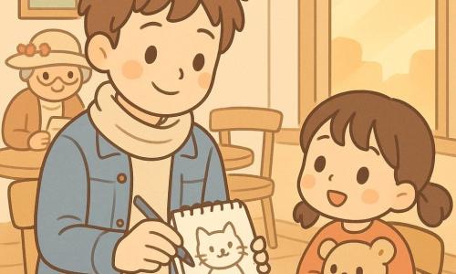 Lucas, sourire rêveur, cheveux châtain en bataille, veste en jean et écharpe légère, tient un carnet de croquis et dessine au crayon gris vers la fenêtre tandis qu'à sa droite une fillette d'environ 5 ans, cheveux bruns en couettes, tient une peluche beige et regarde émerveillée le dessin qu'il lui tend; en arrière-plan à gauche, une vieille dame au chapeau fleuri lit son journal à une table voisine; le café chaleureux aux grandes fenêtres, murs crème ornés de tableaux et tables en bois clair baigne dans une lumière dorée de coucher de soleil avec tasses fumantes, ambiance cosy et lumineuse, traits de crayon visibles, couleurs douces, formes arrondies et textures papier et bois légèrement marquées.