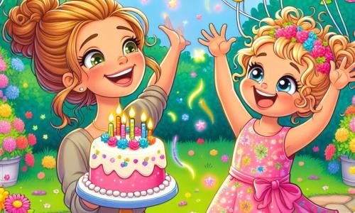 Lili, une petite fille de 4 ans aux cheveux bouclés et dorés, porte une robe rose à fleurs. Elle sourit joyeusement, levant les bras pour attraper des ballons colorés. Sa maman, une femme douce d'environ 30 ans aux cheveux châtains en chignon, la regarde tendrement tout en tenant un grand gâteau décoré de bougies. Le jardin est rempli de guirlandes, de fleurs et de ballons multicolores. Des amis de Lili jouent autour d'une table dressée avec des assiettes et des gobelets colorés. Lili s'amuse à la fête d'anniversaire de son amie Emma, entourée de rires et de couleurs éclatantes sous un ciel bleu clair.