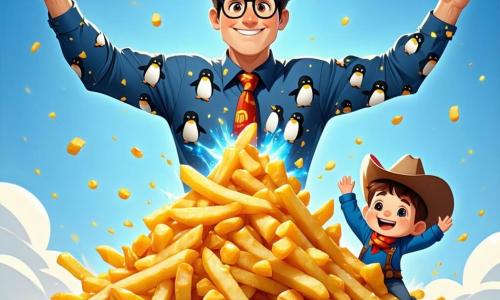 Simon, un homme d'une trentaine d'années avec des cheveux bruns en désordre et des lunettes rondes, sourit largement en levant les bras pour montrer une montagne de frites dorées. À ses côtés, Max, un garçon de 10 ans avec un chapeau de cow-boy, rit en pointant les frites, tandis que Lila, une fille de 9 ans en robe à pois rouges, s'exclame de surprise, tenant un ballon coloré. La scène se déroule dans un parc ensoleillé, rempli d'arbres et de fleurs, où des familles pique-niquent et des clowns jonglent. Simon, en tentant de cacher ses pouvoirs, fait apparaître des frites géantes, suscitant l'émerveillement de ses amis.