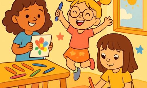 Il y a trois personnages : Mila, une fille de 7 ans avec des cheveux bruns et bouclés, souriante et tenant une lettre colorée ; Zoé, une fille de 6 ans avec des couettes blondes et des lunettes rondes, sautant de joie avec un crayon violet ; et Lila, une fille de 7 ans avec des cheveux châtains, assise par terre, dessinant un cœur sur sa lettre. L'action se déroule dans une chambre lumineuse aux murs jaunes pastel, avec des crayons éparpillés sur une table en bois et des décorations en papier. Les trois amies écrivent des lettres pour la fête des mères, entourées de dessins colorés et riant joyeusement.