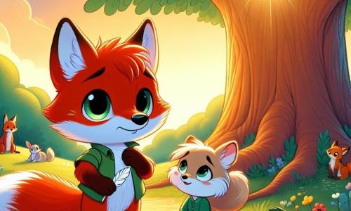 Au premier plan, un jeune renard nommé Rémi, au pelage roux éclatant et aux grands yeux brillants, se tient près d'un chêne. Son expression est triste mais déterminée alors qu'il tient une plume blanche, symbole de son grand-père. À ses côtés, sa maman renarde, au pelage marron, le regarde avec tendresse et lui sourit pour lui donner du courage. En arrière-plan, la clairière est illuminée par le soleil couchant, créant une atmosphère paisible, tandis que des fleurs colorées et des petits animaux, comme des écureuils et des lapins, les entourent. Rémi raconte une histoire aux autres animaux, célébrant la vie de son grand-père avec amour et joie.