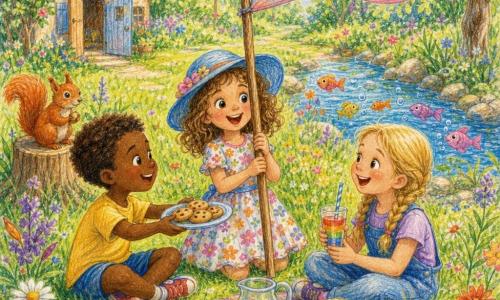 Une joyeuse fillette de 6 ans aux cheveux bouclés châtain clair portant un chapeau bleu et une robe à fleurs tient un bâton planté en guise de mât avec un mouchoir coloré comme drapeau, près d'elle un garçon de ~6 ans aux cheveux bruns tend une assiette de biscuits et une fillette de ~7 ans aux tresses blondes tient un verre de jus ; un petit écureuil roux sur une souche les observe, des poissons colorés font surface dans la rivière en arrière-plan et une maison à porte ouverte se devine au loin dans un jardin herbeux et fleuri baigné d'une douce lumière matinale — style crayons de couleur, traits doux et couleurs vives.