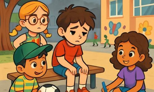 Quatre enfants sont présents : Lucas, un garçon de 8 ans aux cheveux bruns en bataille et aux yeux tristes, assis sur un banc en t-shirt rouge et short bleu ; Zoé, une fille de 8 ans avec des cheveux blonds tressés et des lunettes rondes, portant une robe à fleurs colorées, se tient à côté de lui, l'air préoccupé ; Mehdi, un garçon de 8 ans aux cheveux noirs et casquette verte, accroupi devant Lucas avec un ballon de foot ; et Emma, une fille de 8 ans aux cheveux châtains bouclés, souriante, dessinant sur le sol avec des crayons de couleur. Ils se trouvent dans la cour de récréation d'une école, avec un terrain de jeu en béton et des dessins sur les murs. Lucas, triste et pensif, est encouragé par ses amis qui essaient de le distraire et de l'aider à partager ses émotions.