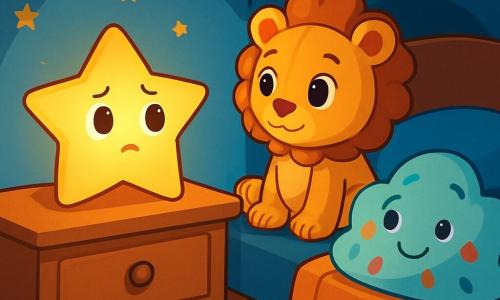 Lampe-Lumi, une veilleuse jaune en forme d’étoile, brille faiblement sur la commode, ses yeux ronds reflétant une légère inquiétude. Elle est prête à s’éteindre, mais garde une lueur d’espoir. Peluche-Lionne, un lion en peluche pastel, est à ses côtés, ses yeux brillants de compassion, lui murmurant des mots réconfortants. Coussin-Doux, un coussin moelleux en forme de nuage, est allongé sur le lit, prêt à apaiser les craintes de Lampe-Lumi. La chambre est petite et chaleureuse, avec des murs bleu clair et des étoiles dorées au plafond, créant une atmosphère mystérieuse et réconfortante. Lampe-Lumi se prépare à affronter sa peur du noir, entourée de ses amis qui lui offrent leur soutien.