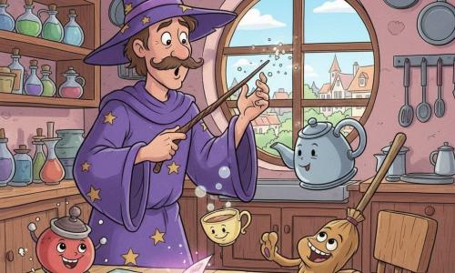 Gaston, un sorcier homme surpris et amusé aux sourcils froncés et moustache frémissante, porte une robe violette à étoiles dorées et un chapeau pointu de travers ; sa baguette, vivante, semble éternuer tandis qu’un balai animé bondit à sa droite comme un chien joueur, une tasse de thé souriante et une bouilloire argentée chantante flottent devant lui, un pot à sucre rond et rouge saute à gauche en projetant des éclats sucrés, le tout dans une cuisine-laboratoire colorée et encombrée — étagères de fioles vert émeraude et bleu ciel, grimoire ouvert brillant en rose pastel, casseroles suspendues, tapis multicolore emmêlé autour d’une chaise et grande fenêtre arrondie sur un village lumineux — scène joyeuse et chaotique créée par un sortilège chatouille, aux couleurs vives, traits arrondis, ombres douces et textures de bande dessinée des années 90.