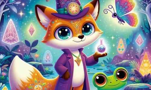Félix, un renard scientifique aux yeux brillants et au pelage doré, est au centre de la scène avec un sourire émerveillé. Il porte un chapeau de magicien et tient une potion lumineuse. À ses côtés, Glou, un petit gardien de la magie ressemblant à une grenouille-dragon, l'admire, tandis que Zaza, un papillon géant aux ailes arc-en-ciel, vole autour d'eux en les encourageant. La scène se déroule sur la Montagne des Merveilles, un paysage enchanteur avec des arbres aux feuilles argentées et un ciel étoilé. Ensemble, ils combinent leurs pouvoirs pour purifier un cristal géant, libérant une énergie lumineuse qui révèle un monde caché rempli de couleurs et de magie.