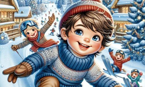 Un garçon de 11 ans nommé Lucas, avec des cheveux châtains en bataille et des yeux pétillants, glisse joyeusement sur une pente enneigée, un grand sourire sur le visage. Il porte un pull en laine bleu et un bonnet rouge. À proximité, son ami Jules, 12 ans, aux cheveux blonds et lunettes de ski, l'encourage avec enthousiasme. Le décor est un village de montagne avec des maisons en bois, des sapins décorés et un ciel bleu clair. La scène montre Lucas dévalant la pente, ses skis glissant sur la neige, tandis que d'autres enfants jouent, créant une atmosphère festive d'hiver.