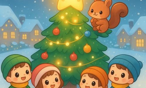 Une étoile nommée Lumi brille au sommet d'un sapin décoré, accompagnée de Noisette l'écureuil avec une noisette, et de Gaston le hérisson tirant un traîneau de pommes de pin. La scène se déroule sur une place de village enneigée, entourée de maisons et de lumières de Noël, où les enfants émerveillés regardent Lumi.