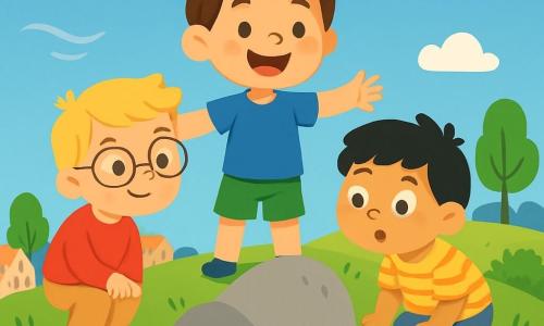 Il y a trois personnages : Léo, un garçon de 8 ans aux cheveux bruns en bataille, souriant au centre, portant un t-shirt bleu et un short vert ; Milo, un garçon de 7 ans avec des cheveux blonds et des lunettes rondes, vêtu d'un pull rouge et d'un pantalon beige, penché pour écouter un vieux caillou ; et Sami, un garçon de 6 ans aux cheveux noirs et joues rondes, accroupi près du caillou, émerveillé. L'action se déroule au sommet d'une colline verdoyante avec des fleurs jaunes, sous un ciel bleu parsemé de nuages. Les trois amis écoutent le caillou gris qui murmure des secrets, tandis que le vent souffle doucement et que le soleil brille, créant une ambiance magique.