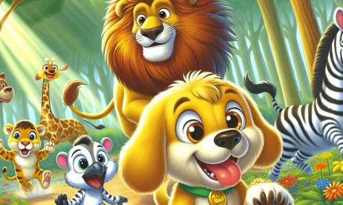 Filou, un chien joyeux au pelage doré et aux oreilles tombantes, court à toute vitesse dans une forêt ensoleillée, sa langue pendante et ses yeux pétillants d'excitation. À ses côtés, Léo le lion, grand et amical, l'encourage en sautant. Zozo le zèbre, avec ses rayures noires et blanches, rit et applaudit un peu en arrière, tandis que Caro la chouette, perchée sur une branche, observe la course avec curiosité. La scène se déroule dans une forêt verdoyante, remplie d'arbres majestueux et de fleurs colorées, créant une ambiance magique. Filou participe à une grande course avec ses amis, courant avec joie et détermination pour franchir la ligne d'arrivée, entouré de rires et d'encouragements.